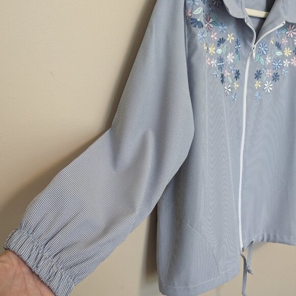 VINTAGE Bon Worth seersucker blue white jacket floral embroidery EUC Petite L - Picture 3 of 10